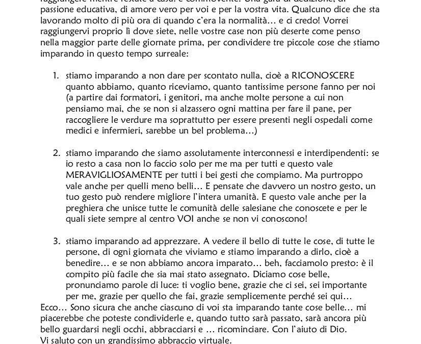 “Cari ragazzi…” Lettera della presidente Ciofs/FP nazionale, suor Manuela Robazza